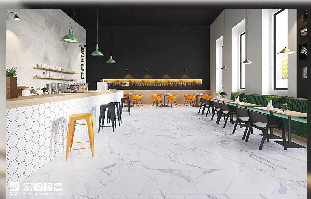 宏陶白色瓷砖地砖餐厅装修效果图